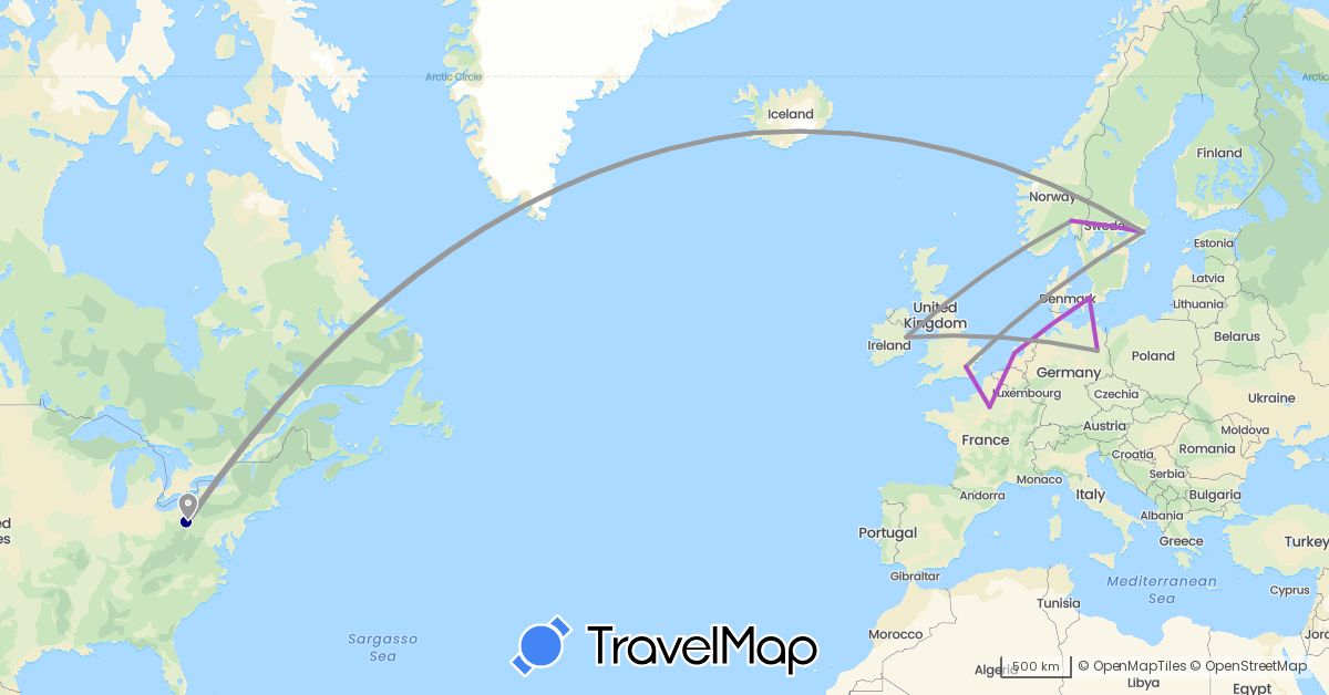 TravelMap itinerary: driving, plane, train in Germany, Denmark, France, United Kingdom, Ireland, Iceland, Netherlands, Norway, Sweden, United States (Europe, North America)